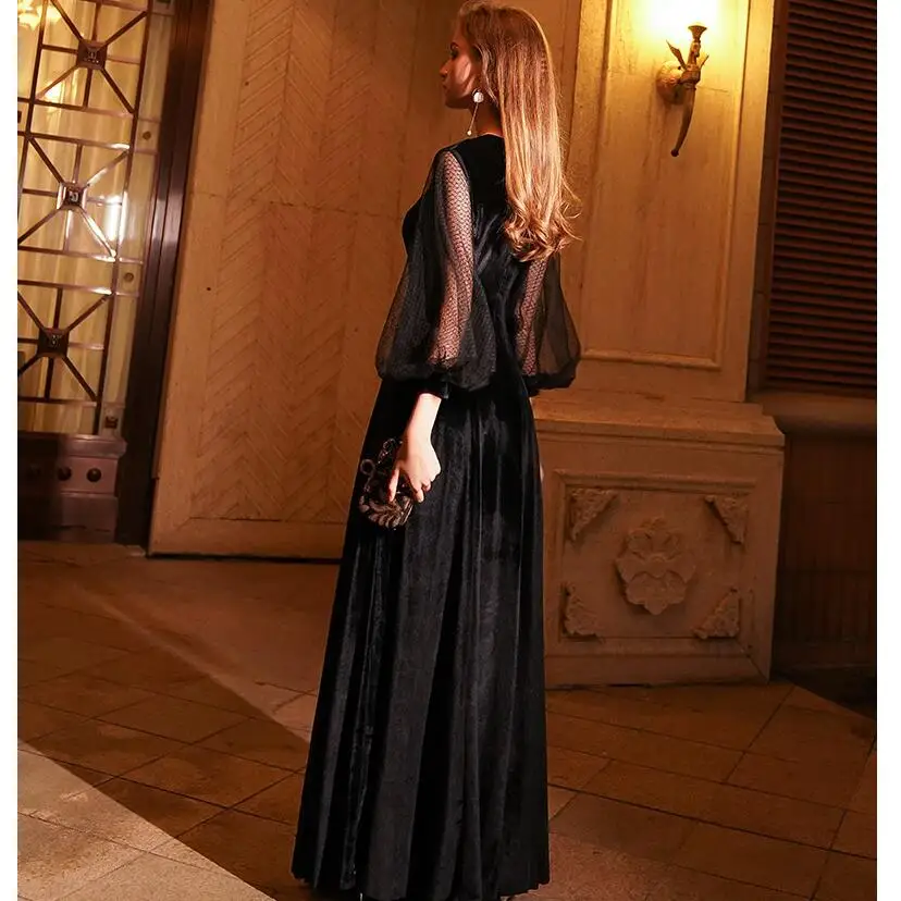 Черное Кружевное Вечернее Платье Vestido de Festa Новое велюровое платье с длинными рукавами и вырезом лодочкой Romovable платье на выпускной платье LYFY09