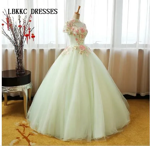 

High Neck Ball Gown Princess Quinceanera Dresses Short Sleeves Tulle With Pink Flowers Sweet 16 Dresses Vestidos De 15 Anos