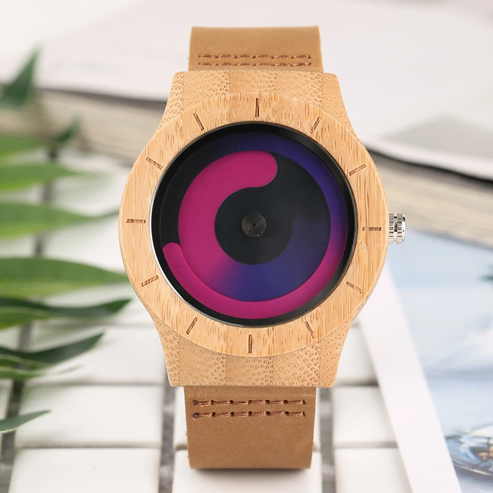 YISUYA Blue Turntable Men's Bamboo Wooden Wrist Watch Women Unisex Quartz Novel Wood Clock Genuine Leather Band Strap Watch Gift (20)