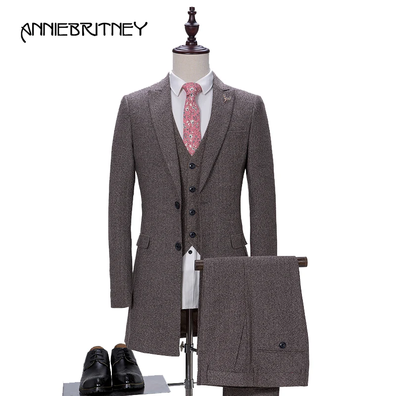 2018 New Brand Grey Tweed Suit Men Groom Tuxedo Style Blazer Slim Fit 3 Piece Prom Wedding Suit Terno Masculino jacket+Pant+Vest