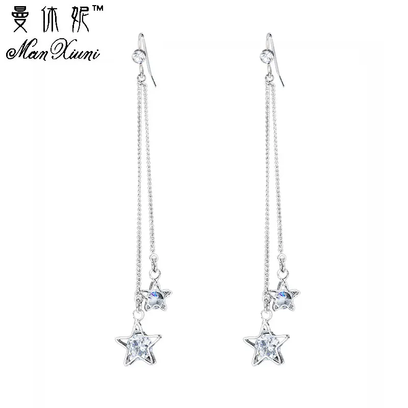 

New Fashion Luxury Double Bling Crystal Star Earrings For Women Long Tassel Drop Dangle Earrings Ear Hook Bridal Jewelry