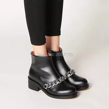 

Bota feminina Round Toe Low Chunky Heel Zipper Black White Leather Booties Casual Shoes Chain Embellished Ankle Boots For Women