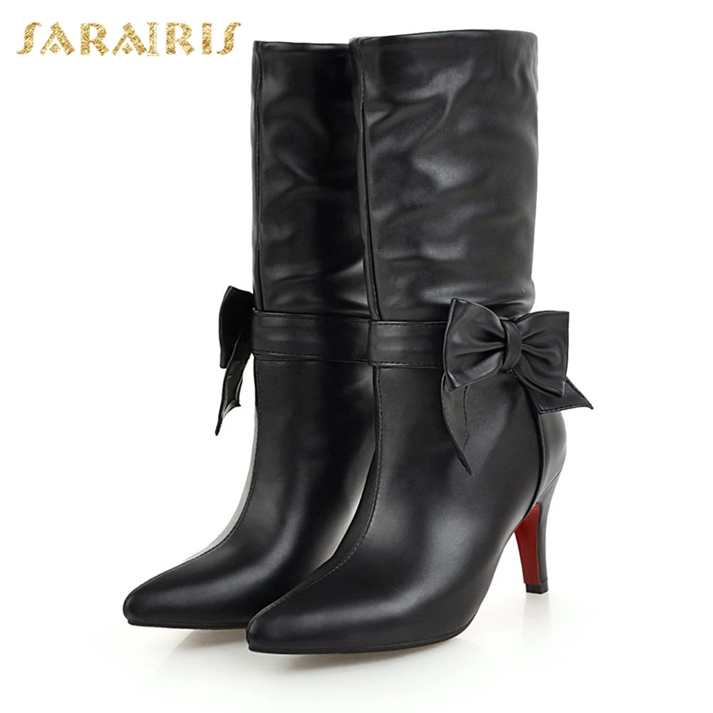 SARAIRIS/Большие размеры 34-43, модная черно-белая обувь с бантом, женские ботинки, осенне-зимние ботинки на высоком каблуке, ботинки до середины икры, женская обувь