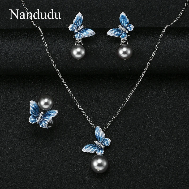 Nandudu, модные стразы, имитация жемчуга, серьги и ожерелье, ювелирный набор, опт, для женщин, CN354