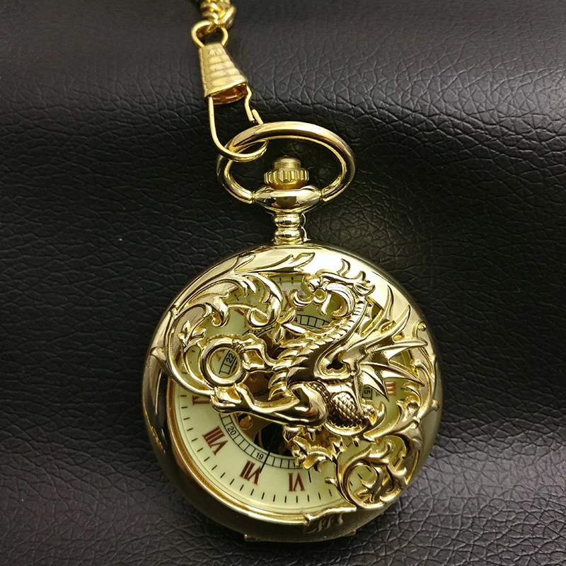 Gold Dragon Mechanical Pocket Watch Men Skeleton Steampunk Fob Watches