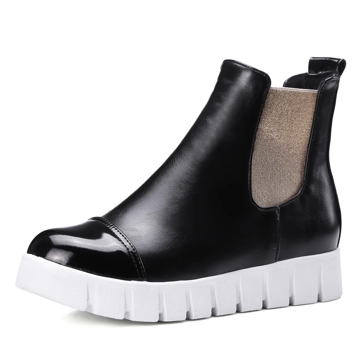 

2019 Autumn Spring Female Ankle Boots with Fur Square Heels Round Toe Platform Pu Soft Leather Shoes Women Fashion Sock Boots