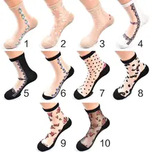 Корейские женские винтажные вышитые цветочные тонкие длинные носки для экипажа из прозрачного стекловолокна Лоскутная хлопковая Нижняя дышащая трубка чулочно-носочные изделия