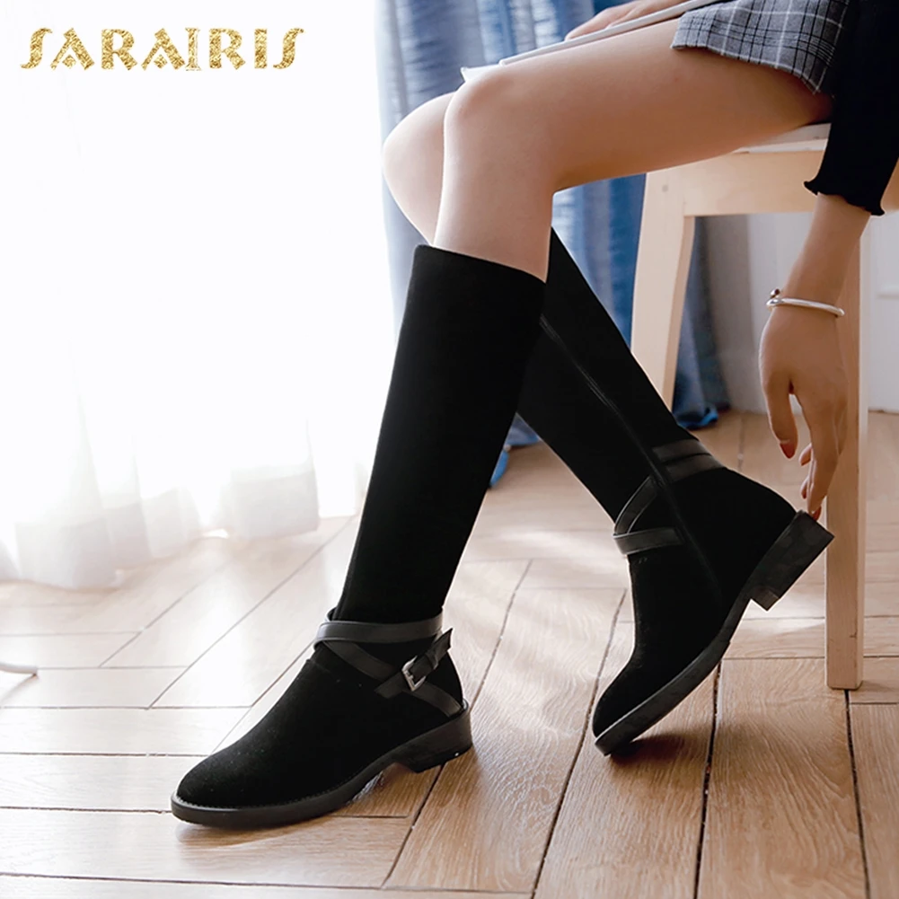 

SARAIRIS 2018 Cow Suede Fashion Zip Up Chunky Heels Shoes Woman Boots Woman Shoes Knee High Boots Female