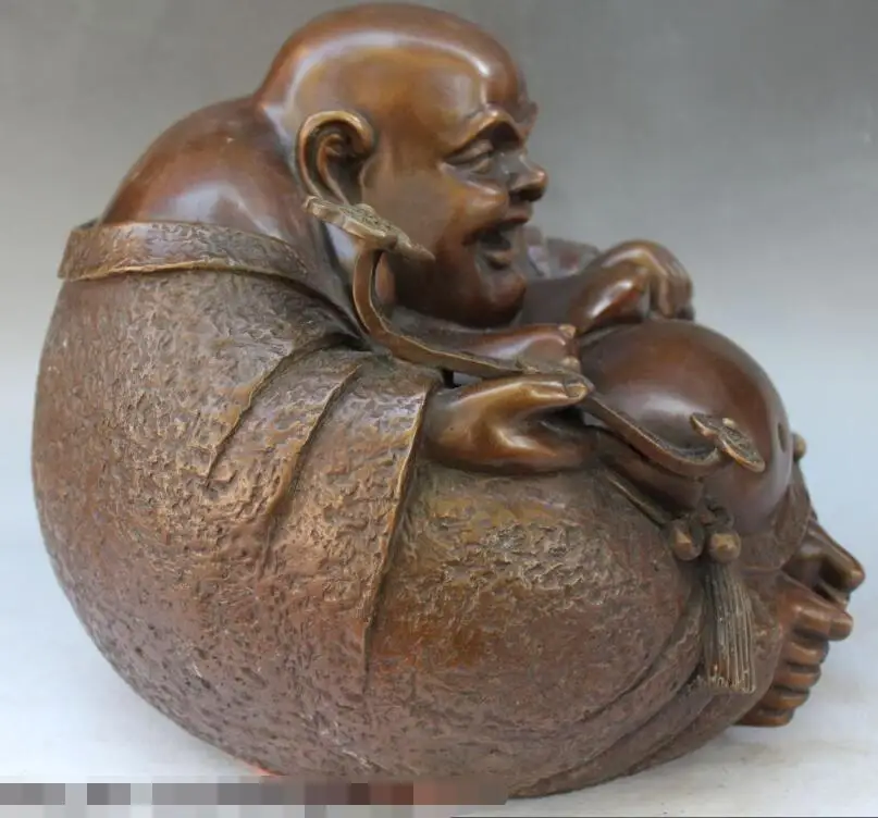 

S1681 11"Chinese Pure Bronze Wealth Seat Happy Laugh Maitreya Buddha Hold Ru Yi Statue