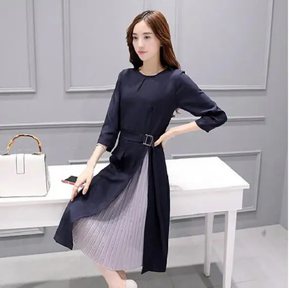 

Clobee Autumn Work Navy Women Dress Vintage Elegant Gray Muslin Patchwork Vestidos Mujer Three Quarter Robe Femme Ete 2019 L171