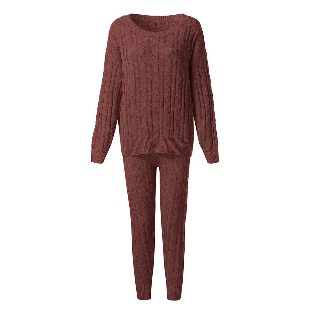 S-3XL Two piece set women's off-the-shoulder solid color suit sweater 2PC cable knit warm casual wear suit