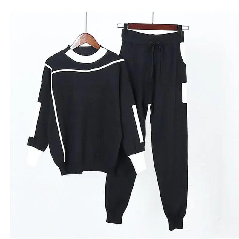 FTLZZ, женские пуловеры, вязаные свитера, штаны, спортивный комплект из 2 предметов, повседневные трикотажные брюки+ джемпер, топы, костюмы, Vestidos - Цвет: Черный
