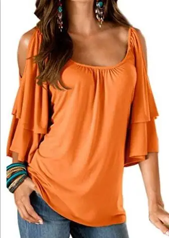 Плиссе оборки два многослойный короткий рукав футболка Женщина открытыми плечами с рукавами модный харадзюку футболка простой одноцветный сплошной цвет совок квадратный вырез майка свободный хипстер свободный - Цвет: orange tshirt