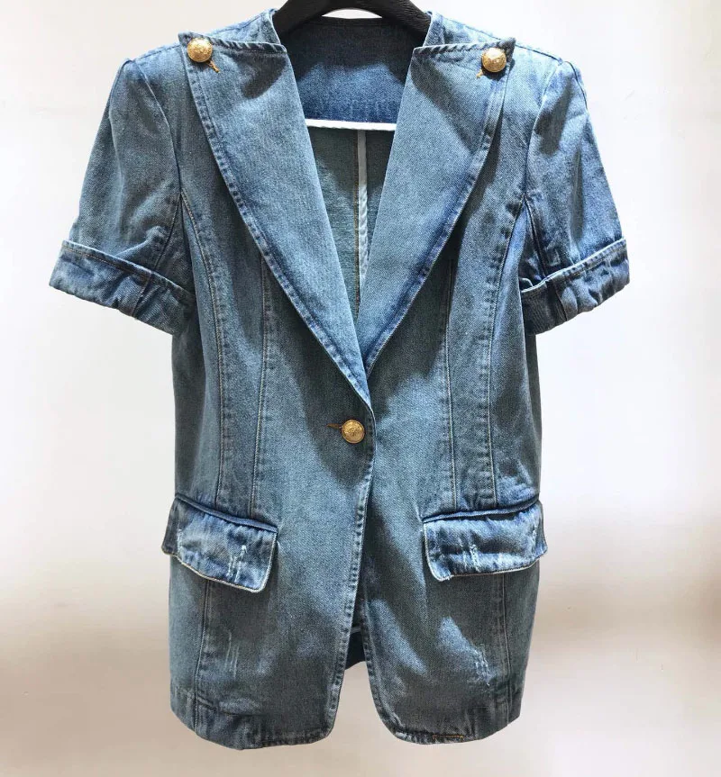 Washed Denim Blue Jacket v-neck lapel collar with gold buttoned Short Sleeves single buckle Flap Pockets fashion women top