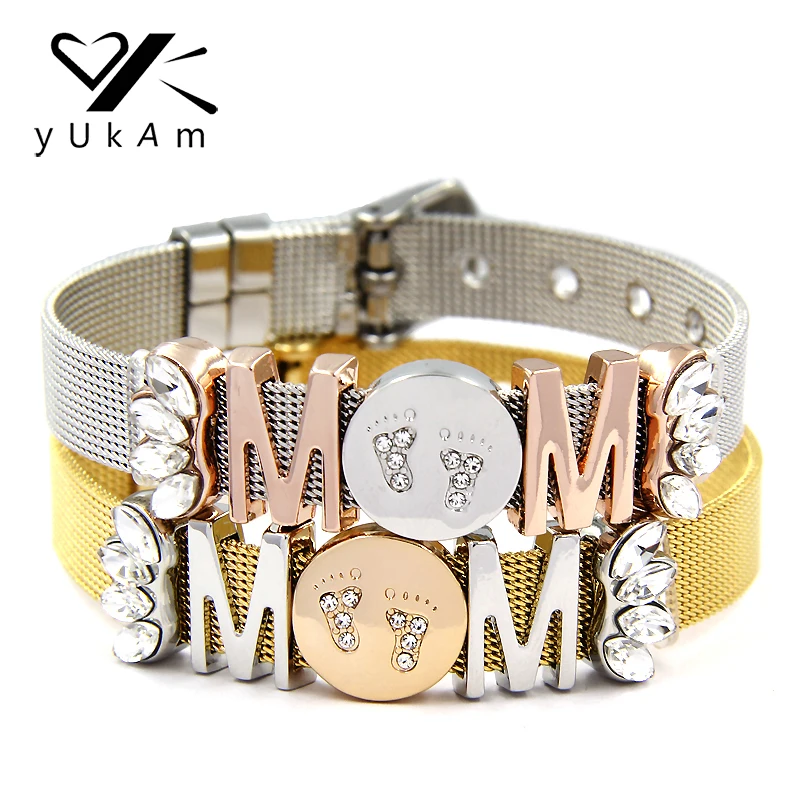 

YUKAM Keeper Best Mom Baby Feet Sunburst Slide Charms Keeper Bracelets Stainless Steel Mesh Keeper Bracelets as Mothers Day Gift