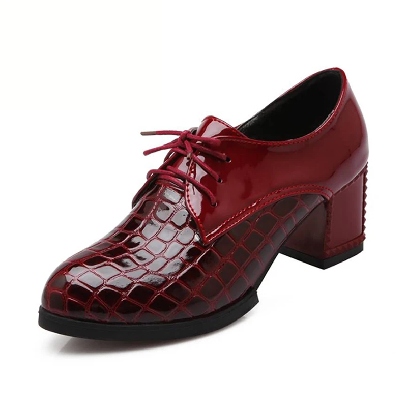 BONJOMARISA/Модные Винтажные туфли-лодочки на шнуровке из органической кожи; женские модельные туфли на высоком каблуке и платформе в западном стиле; женская обувь; большие размеры 34-43 - Цвет: Бордовый