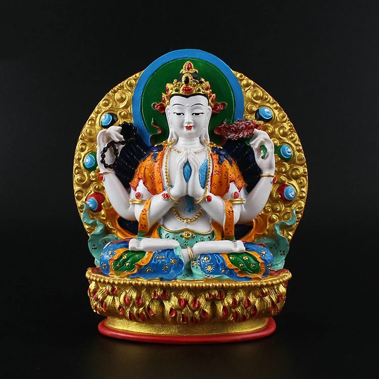 

Solemn four-arm guanyin little Buddha statue hand-painted Guanyin bodhisattva Tibetan tantric Buddha statue