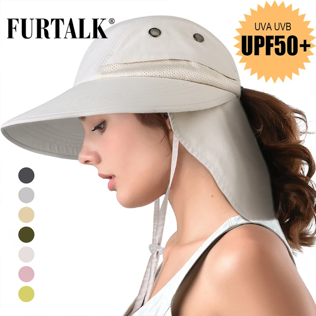 FURTALK Summer Sun Hats for Women Kids Wide Brim Fishing Hat with Neck Flap  Female Child UPF 50+ Ponytail Safari Hat - AliExpress