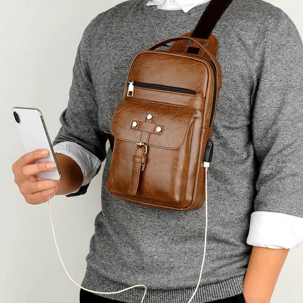 Aelicy/винтажные сумки через плечо для мужчин, на молнии, твердая поясная сумка, кожаные сумки на плечо, нагрудная сумка, USB с отверстием на спине, сумки, сумки, кошелек - Цвет: KH