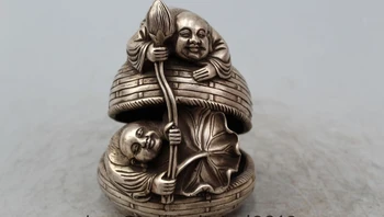 

6" Marked China Chinese Dynasty Silver Two monk Statue Incense Burner Censer