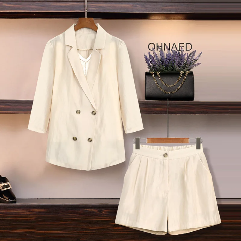 

Women's suits 2019 summer solid color thin long-sleeved large size suit ladies jacket casual wide-leg shorts two-piece
