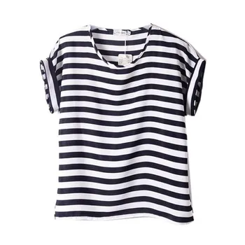 Chiffon T-Shirts Ladies Loose Short Sleeve Shirts Striped Heart Lip Tops Batwing Sleeve Sexy