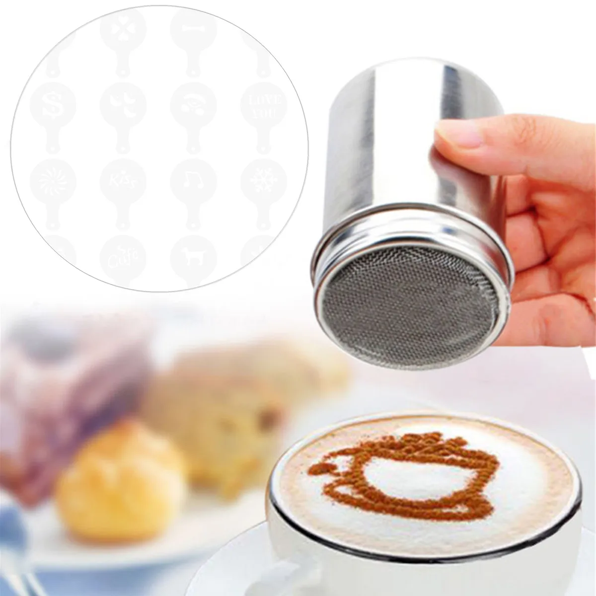 16pcs Cappuccino Chocolate Shaker Coffee Flour Sifter Sugar Shaker Stainless Steel Salt