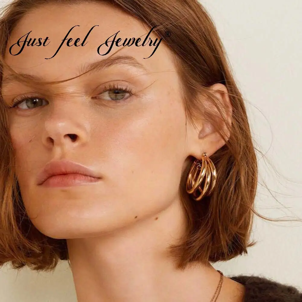 

JUST FEEL Charm Gold Color Circle Hoops Earrings Minimalist Thick Tube Round Earring For Women Hiphop Rock Female Accessories