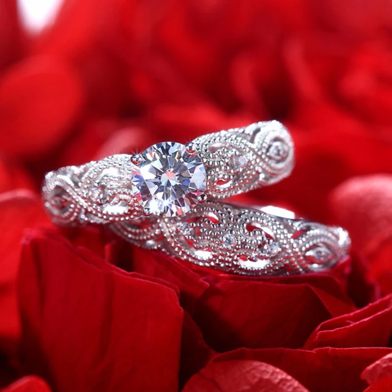 Mossovy Zircon Engagement Silver Wedding Rings for Women Fashion Rhinestone Hollow Couple Ring for Female Jewelry Anillos Mujer