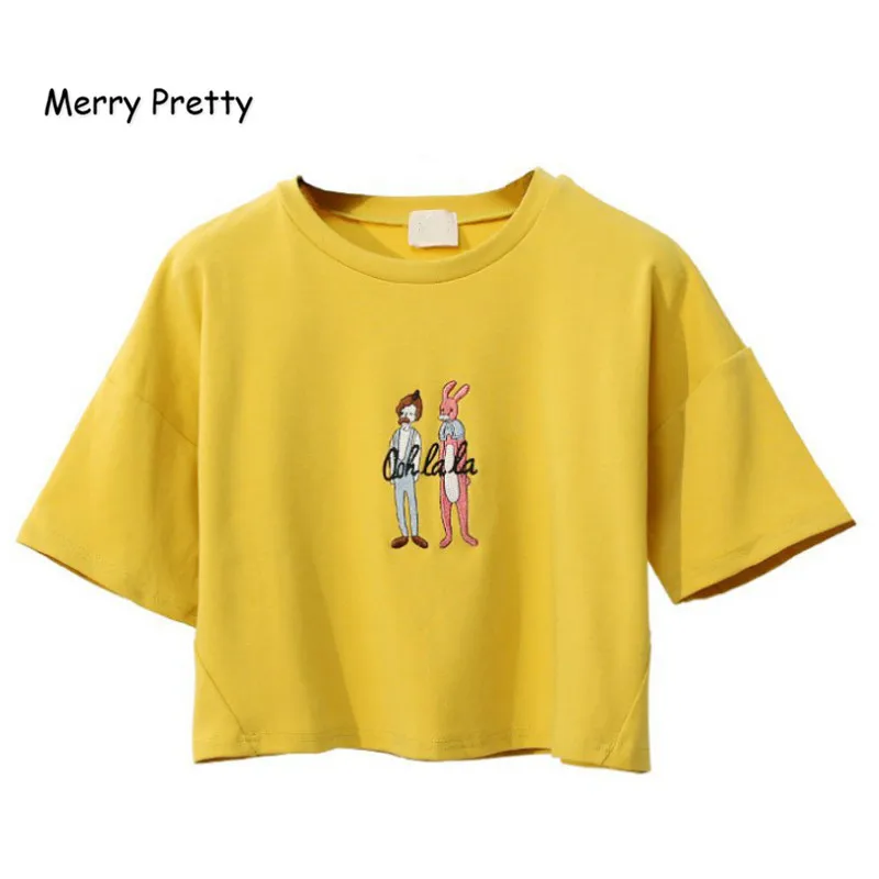 

Merry Pretty Harajuku T Shirt Women Letter Cartoon Embroidery Female Summer T-shirt Short Punk Sleeve Girl Sexy Yellow Crop Tops