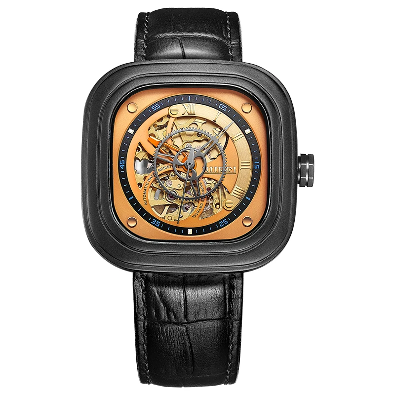 

BUREI 15008 geneva watch Switzerland brand seven skeleton Square japan MIYOTA automatic self-wind Sapphire Mirror gold Calfskin