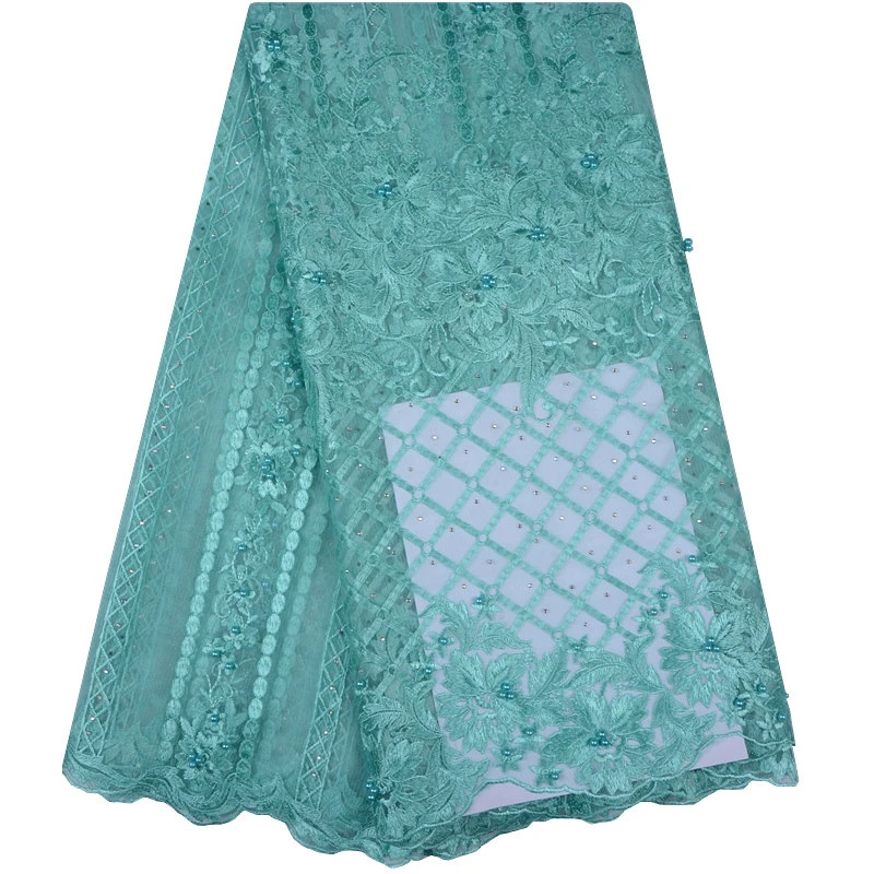 Teal Embroidery Mesh Tulle Lace Fabric 5 Yards Flower Pattern Beaded