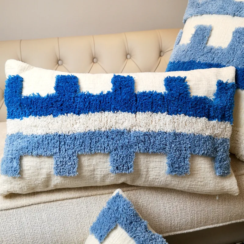 Синий чехол для подушки Чехол шерсти ручной работы с Ленточки для дивана сиденье простой домашний декоративный холст размером 45*45 см в богемном стиле