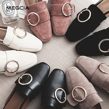 

MEGCIA 2019 Mules Women Flat Slippers Genuine Leather Mules Ladies Spring Autumn Casual Shoes Suede Pink Black Flats New MM907