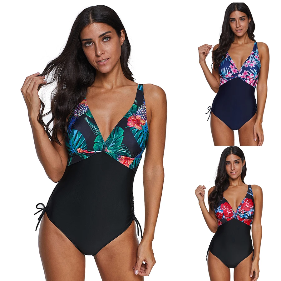 

Plus Size 5XL Floral Print Bikinis Sexy Bandage One Piece Swimsuit Women Deep V Top Bathing Suit Swimwear 2019 New Beachwear