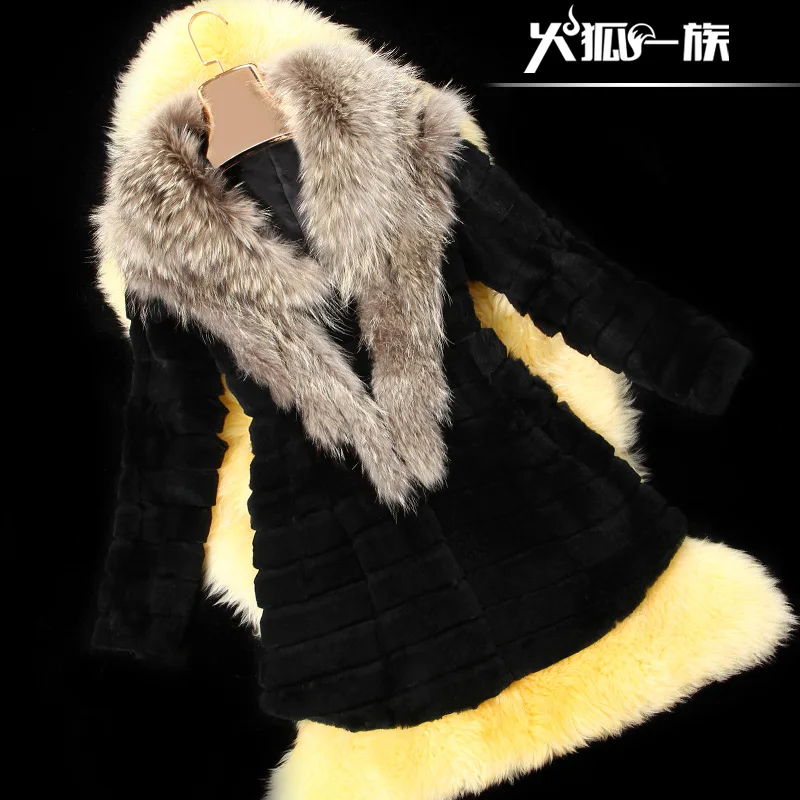 Firefox средний- длинная кроличий мех пальто женщины большие енот мех - Цвет: black