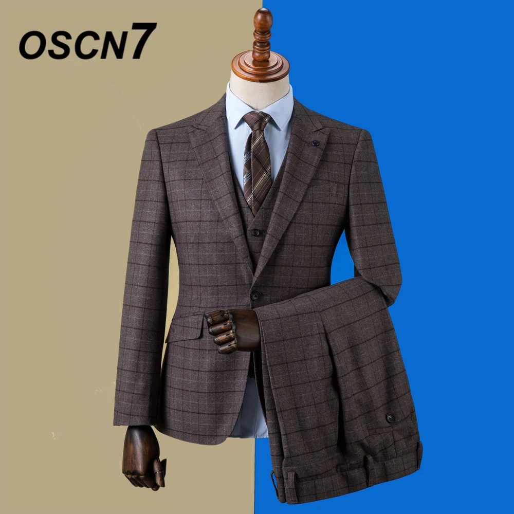 

OSCN7 2019 Plaid Custom Made Suits Men Slim Fit Wedding Party Mens Tailor Made Suit Fashion 3 Piece Blazer Pants Vest ZM-594