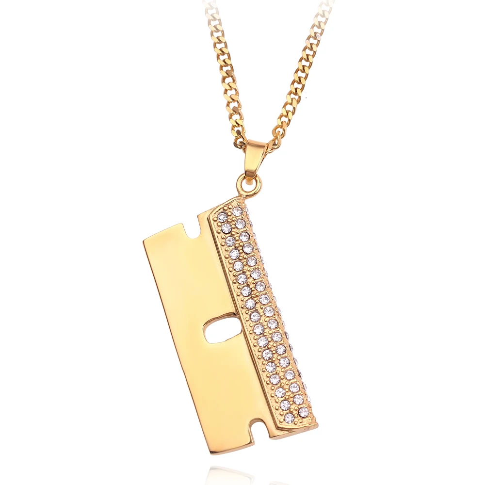 

Shaving Razor Shape Pendant Necklace Creative Hip Hop Style Gifts Gold Color Iced Out Rhinestones Fashion Alloy Jewelry