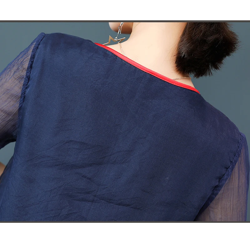 Большие размеры шелковое китайское ретро платье женское летнее темно синее