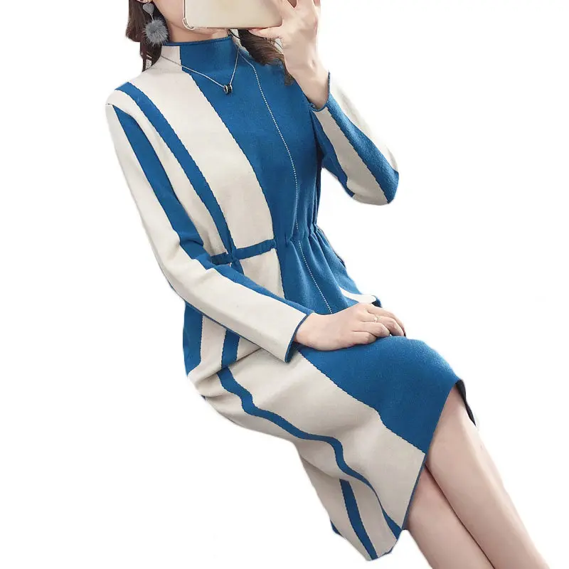 

2019 Spring Winter New Loose Large Size Knit Sweater Dress Female Temperament Half High Collar Drawstring Waist Knit Dress LQ721