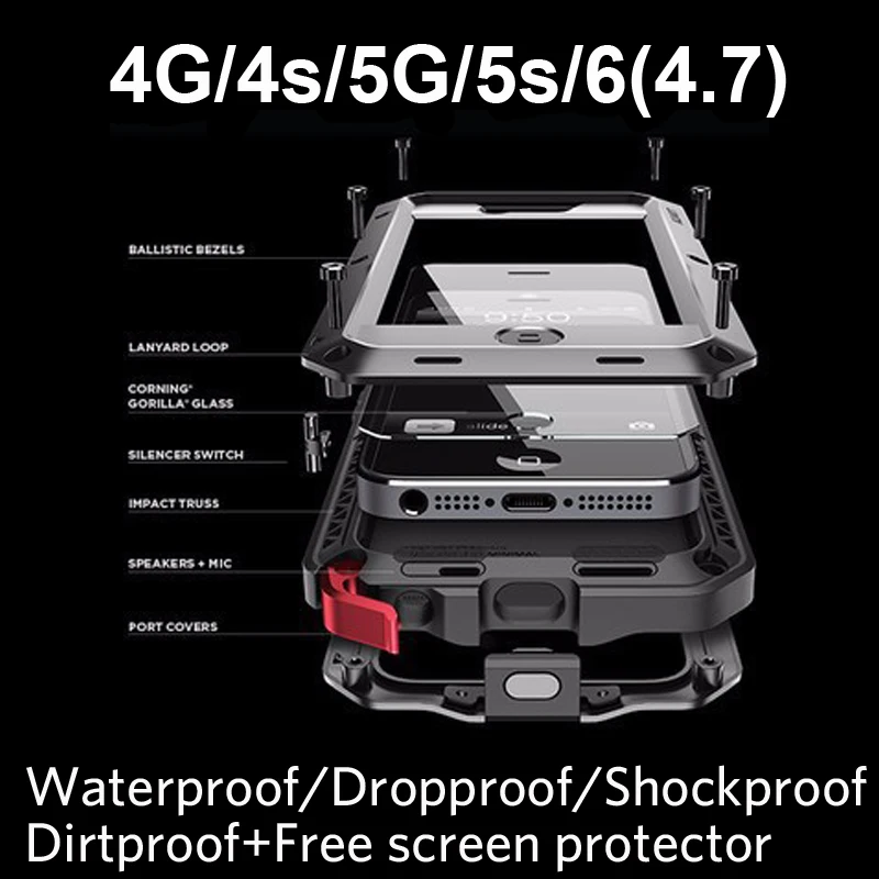 imágenes para De Metal A Prueba de Golpes Extrema Militar Heavy Duty Tres a prueba de Caso de la Cubierta de La Piel para el iphone 6 6 S 4.7 "5S 5 4 4S de Todo el Cuerpo A Prueba de agua imágenes para De Metal A Prueba de Golpes Extrema Militar Heavy Duty Tres a prueba de Caso de la Cubierta de La Piel para el iphone 6 6 S 4.7 "5S 5 4 4S de Todo el Cuerpo A Prueba de agua