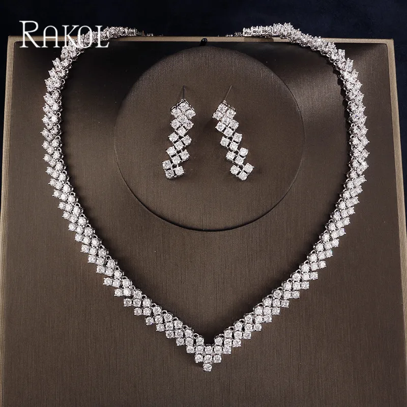 

RAKOL Exquisite Dubai Jewelry Sets For Women Wedding Party Jewelry Accessories Cubic Zircon Stud Earrings & Necklace Gift
