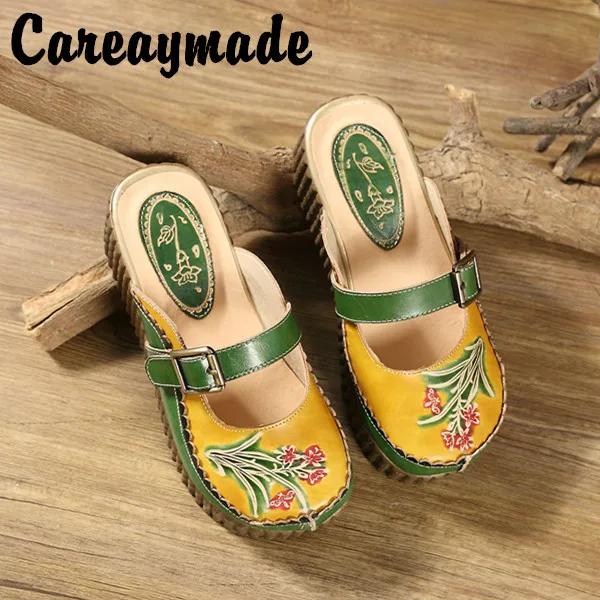 

Careaymade-Folk style Head layer cowhide pure handmade Carved shoes, the retro art mori girl shoes,Women's casual Sandals 1908-6