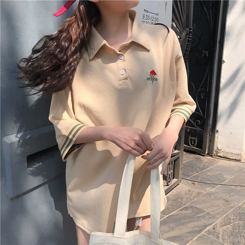 Летние женские рубашки-поло Ins с отложным воротником, с короткими рукавами, милые студенческие Свободные повседневные топы с вышивкой, большие размеры