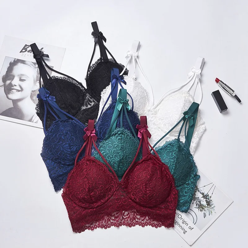 Women's Padded Bras Sweet Bow Push Up Lingerie Lace Flower Bra Bustier ...