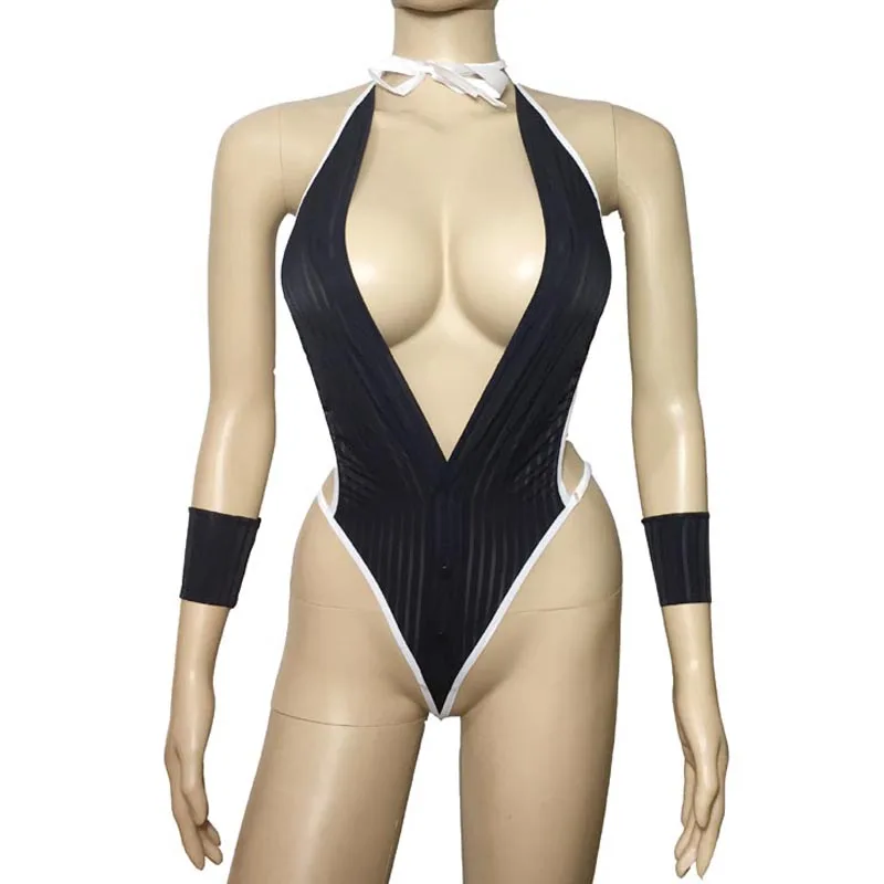 

Sexy Striped Plunge Deep V Secretary Teddy Onesie with G-String Bikini Back and Wrist Bands Role Play Fantasy Costume