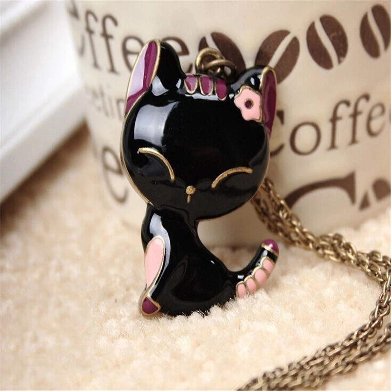 

2016 New Arrival High Quality Vintage Bronze Fashion Black Cat Pendant animals Necklace Women x94