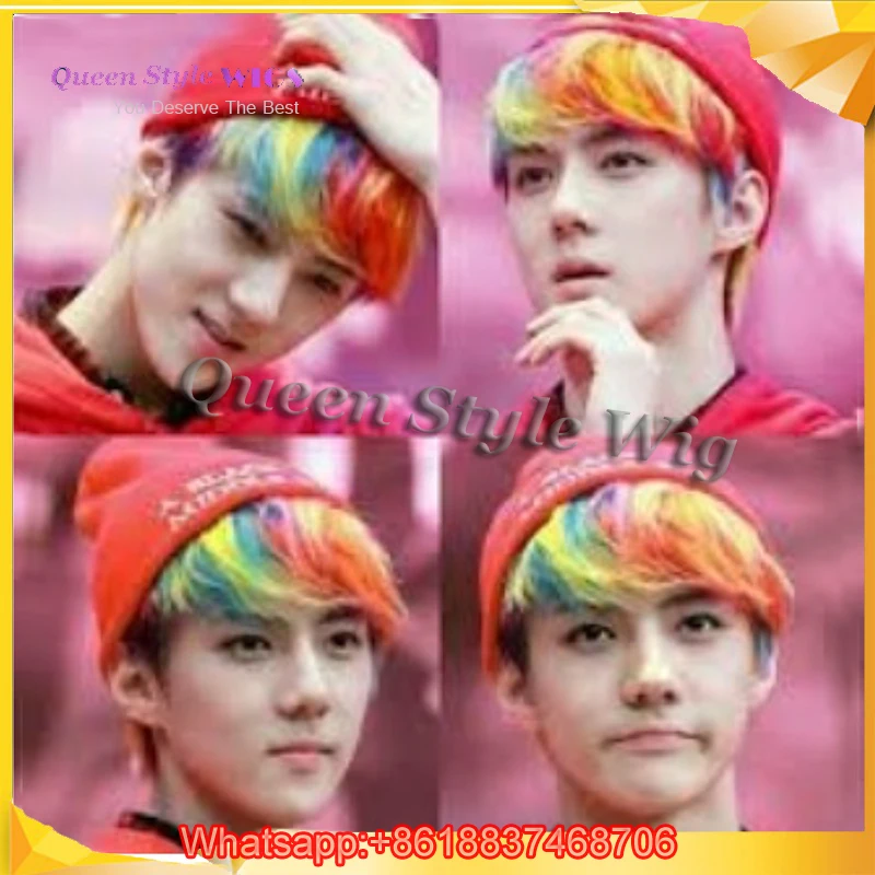 Fairy Men Rainbow Color Hair Wig Synthetic Short Colorful Candy
