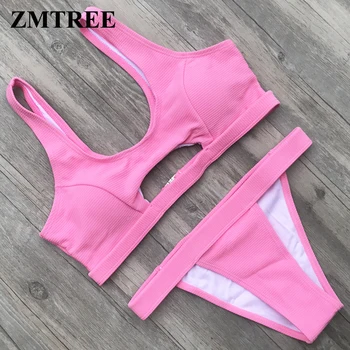 

ZMTREE Hollow Out Bikini Set Push Up Swimwear Women Swimsuit Pink Green Bating Suit Cropped Top Beach Wear 2018 Bikini New