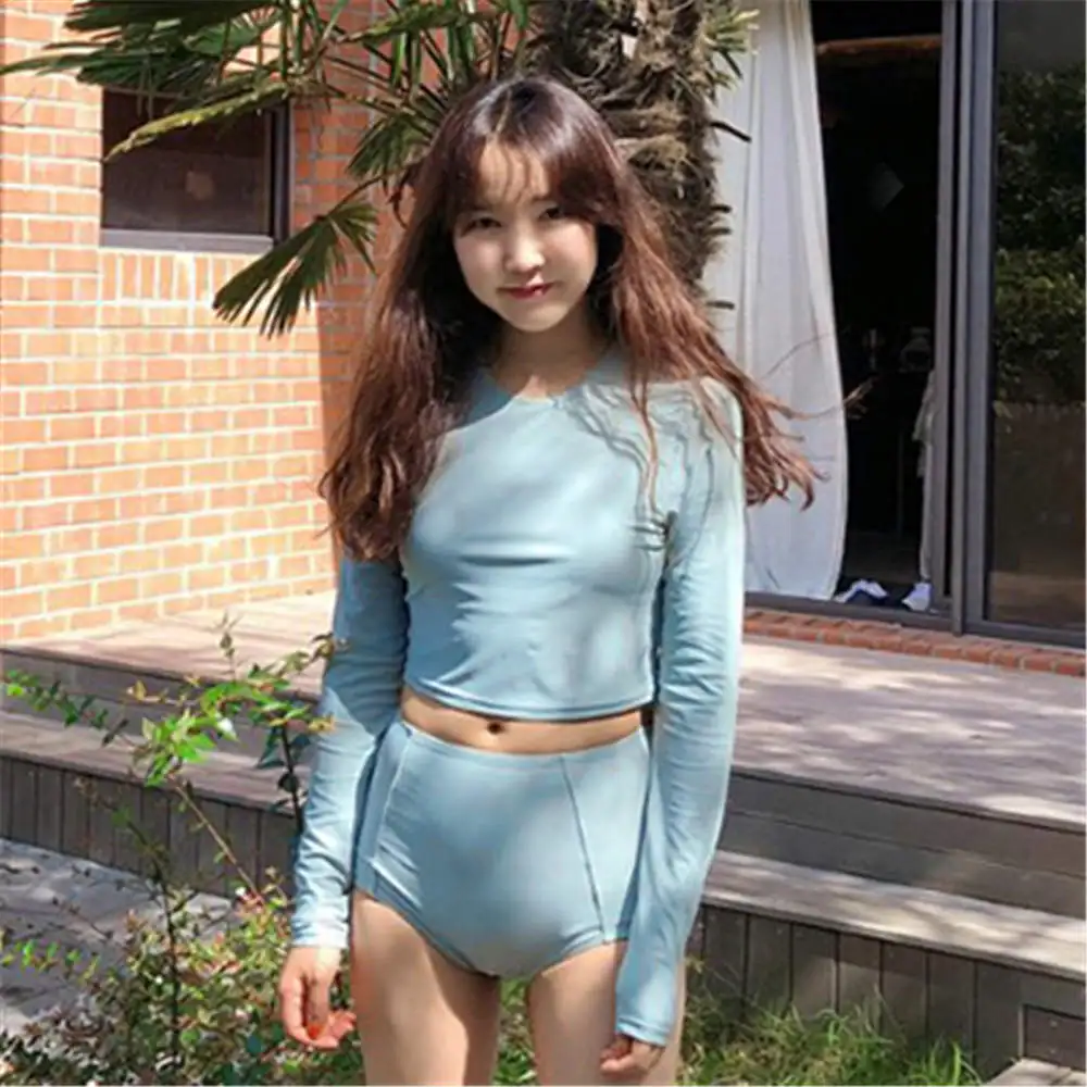 

Two Piece Rashguard Women Long Sleeve Swimwear High Waist Surf Wear Korean Tankini High Neck Swimsuit Diving Shirt Rash Guards